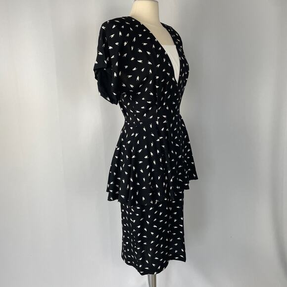 Vintage Midi Dress Size 10 Black White Print Peplum Retro Office Secretary 80s - Picture 6 of 15